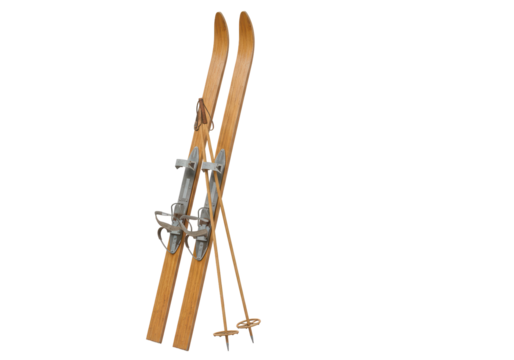 Isolated Vintage Wooden Skis and Poles for Winter Sports