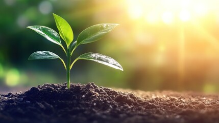 Ecology theme background: Sprouting plant in soil with sunlight, symbolizing new life and environmental hope for Environment Day.