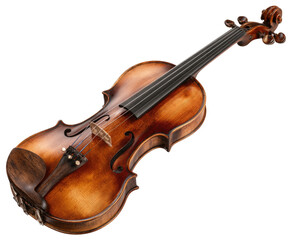Wooden violin, rich brown hue, angled view