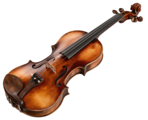 Wooden violin, rich brown hue, angled view
