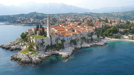 Obraz premium Coastal town nestled on a rocky peninsula.