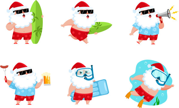 Summer Santa Claus In Different Poses. Vector Flat Design Collection Set Isolated On Transparent Background