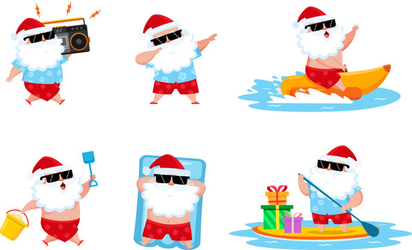 Summer Santa Claus In Different Poses. Vector Flat Design Collection Set Isolated On Transparent Background