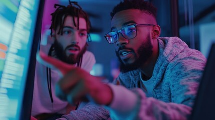 Diverse software engineers collaborating on code review in a vibrant workspace