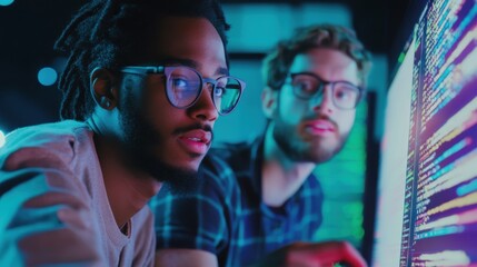 Dedicated software engineers collaborating on a complex coding project