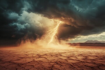 Violent lightning hitting a dry desert floor, dust flying, clouds swirling 