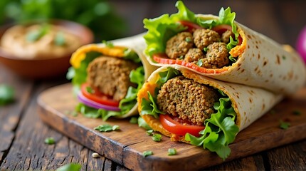 delicious fresh falafel wraps wooden board vegetarian meal