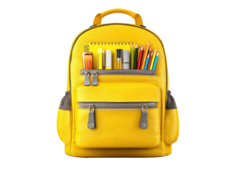 Full yellow backpack filled with colorful school supplies