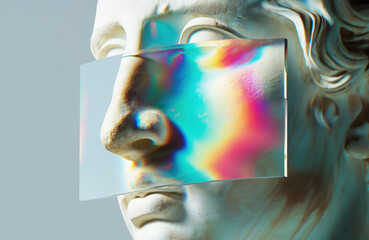Classical marble statue with a holographic glass tile in font of it's face against light grey background. Retro futurism, digital age minimalistic concept.