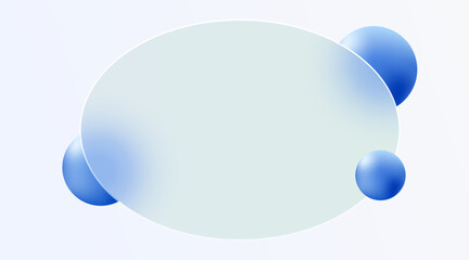 Website landing page template in glass morphism style. Frosted glass partition with floating spheres. Vector illustration