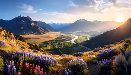 Mountain valley with watercolor flower illustration