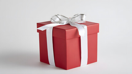 Obraz premium Red gift box with white ribbon and bow, centered product shot on clean background.