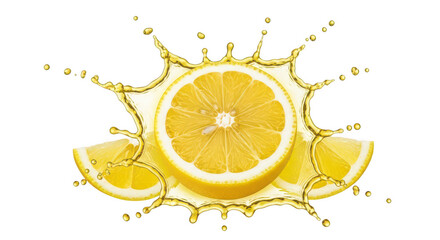 Lemon slice splash with juice isolated on transparent background