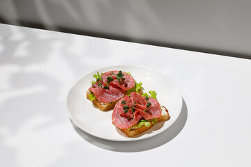Sandwich, toast with sliced salami, sausage, green lettuce on white plate. Hard light, morning...
