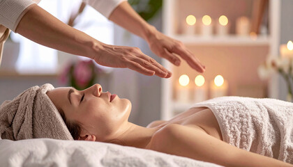 Fototapeta premium una mujer tumbada en un salon de masaje de una clínica recibiendo una sesión reiki de unas manos de mujer en ambiente relajante