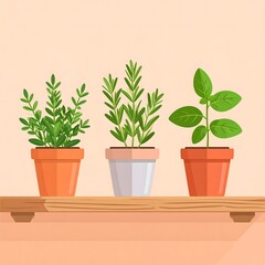 Obraz premium Three potted herbs sit on a wooden shelf. The herbs are thyme, rosemary, and basil. The background is a light peach color.