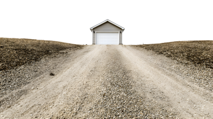 A gravel driveway with tire tracks, leading up to a suburban garage door, isolated on a Transparent background
