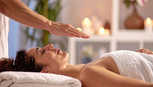 una mujer tumbada en un salon de masaje de una cl&iacute;nica recibiendo una sesi&oacute;n reiki de unas manos de mujer en ambiente relajante