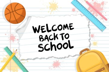 Welcome back to school message surrounded by school supplies and sports equipment on a white wooden background