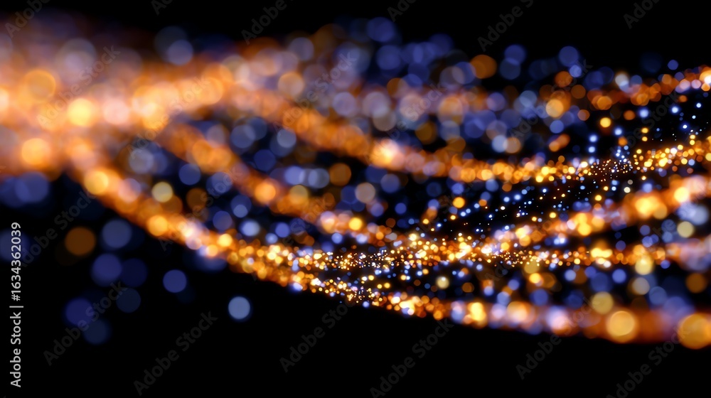 Aufkleber an abstract stream of golden and blue light particles flows dynamically across a dark background, ev