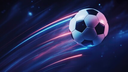 A soccer ball streaks through a dark background with glowing blue and pink light trails 2025 2026 football world cup image poster banner label social media post