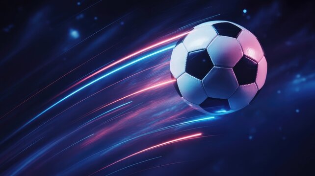 A soccer ball streaks through a dark background with glowing blue and pink light trails 2025 2026 football world cup image poster banner label social media post - Powered by Adobe