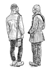 Two young modern casual towns men friends standing talking, realistic sketch, vector hand drawing, white background