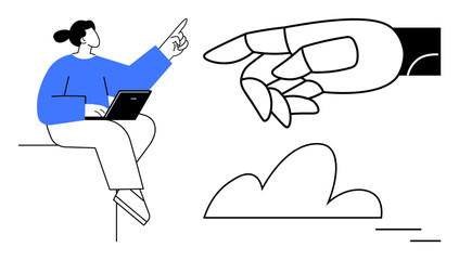 Woman working on laptop gestures towards a robotic hand above a cloud. Ideal for technology, innovation, AI, teamwork, connection, digital transformation, simple flat metaphor