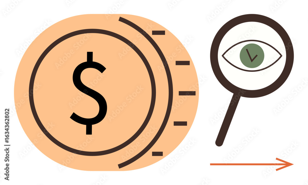 Poster large coin with dollar sign and magnifying glass displaying an eye. arrow indicates forward motion. 