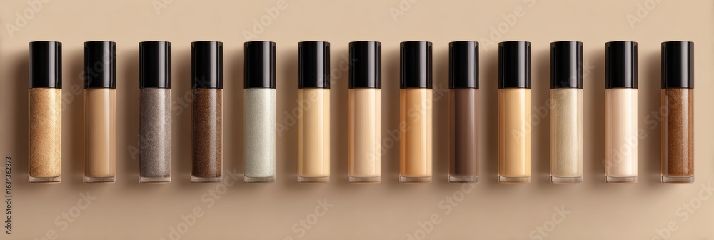 Poster gradient row of foundation bottles in various skin tones arranged artistically on a neutral backgrou