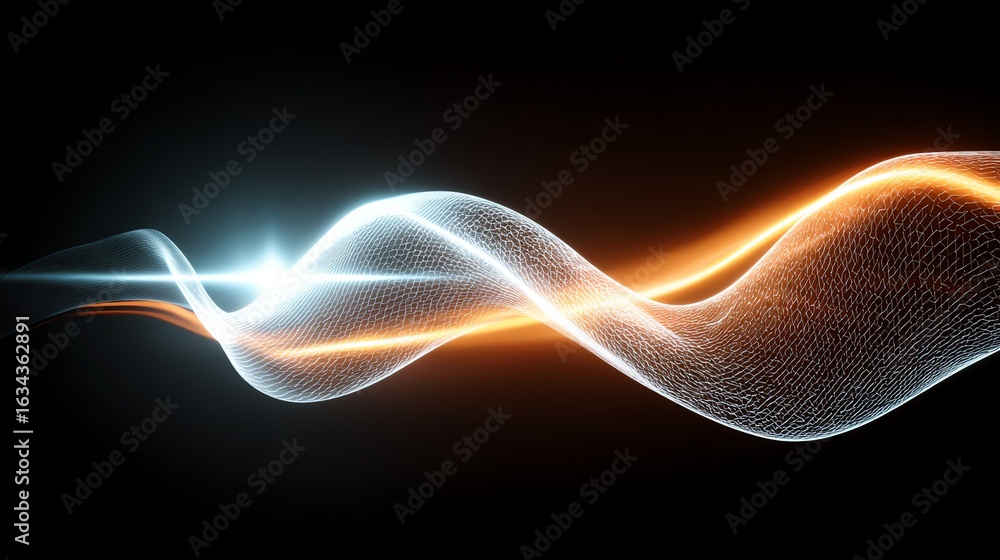 Aufkleber an abstract composition features flowing, luminous lines of cool blue and warm orange, creating a dy