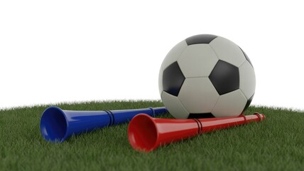 Soccer ball and red blue vuvuzelas on green grass 2025 2026 football world cup image poster banner label social media post