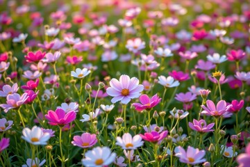 Stunning White and Pink Cosmos Flowers in Sunlit Garden Landscape