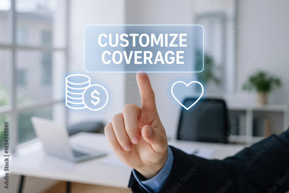 Poster customize coverage concept with hand pointing on virtual screen for retirement with life insurance p