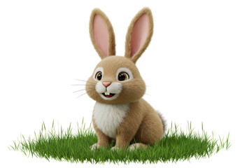 Isolated Adorable Cartoon Bunny Sitting on Green Grass