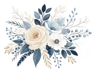 Elegant Watercolor Floral Bouquet with White Roses and Blue Accents for Wedding Invitations and Festive Celebrations