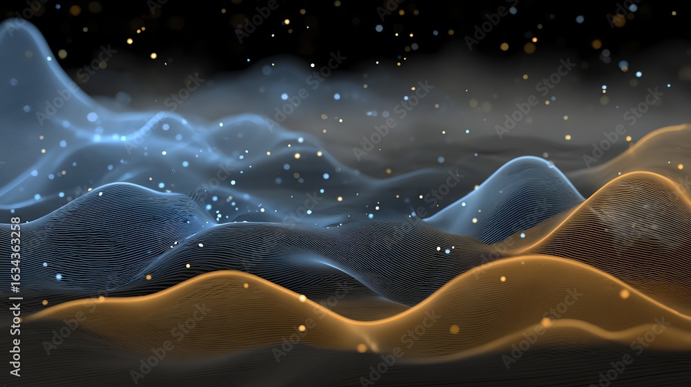 Poster an abstract digital rendering depicts flowing, undulating forms in cool blue and warm gold, illumina