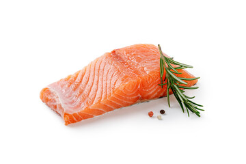 Salmon. Fresh raw uncooked salmon fillet fish, slice, steak with rosemary and pepper isolated on white background with clipping path, cut out. Set or collection.