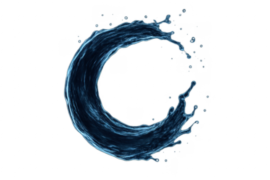 Circular splash of water creating a dynamic blue wave on transparent background