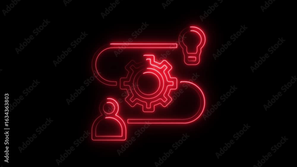 Poster neon process workflow illustration red glowing outline gear idea human connection business strategy 