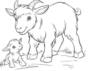 Coloring for children and adults, coloring of the animal world, goat with kid.