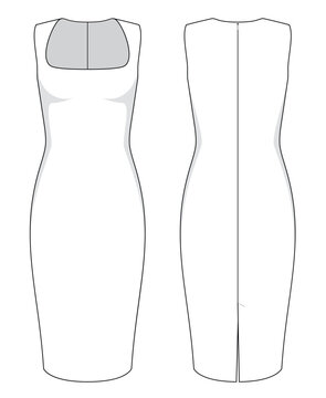 Vector fashion technical drawing of a square neck body fit dress with front and back view. Midi length. Hidden zipper. Back split at center back. Spandex fabric.