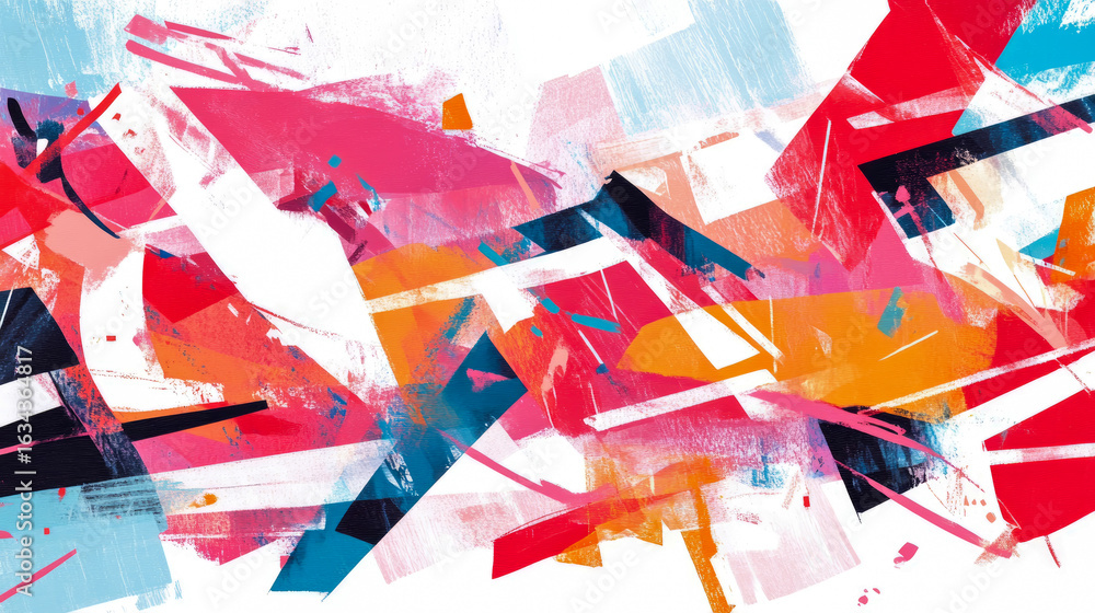 Poster vibrant abstract artwork featuring dynamic overlapping geometric forms and bold expressive brushstro
