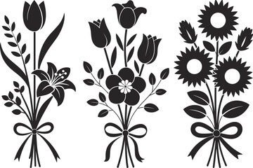 Floral bouquet silhouette vector set, elegant black flower arrangements with tulips, lilies, sunflowers, perfect for decorative design, wedding, crafts, and spring themes