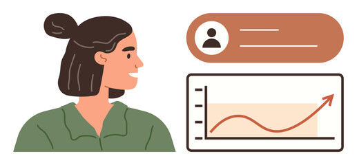 Woman glances at upward-trending graph alongside user profile card. Ideal for business strategy, professional growth, analytics, leadership, data visualization, career development, simple flat
