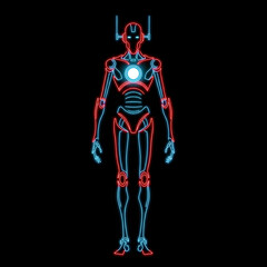 Minimal Neon Robot in Red and Sky Blue with Circular Core