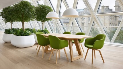 Modern interior design with green chairs and a wooden table in a spacious and bright office environment