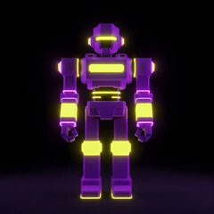 Purple and Yellow Neon Robot with Visor Eyes and Boxy Feet