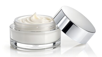Luxurious skincare cream in elegant glass jar with a shiny silver lid for beauty products