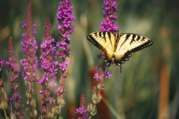 close-up of Eastern Tiger Swallowtail (Papilio glaucus) in flower garden